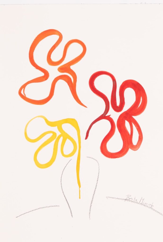 Amarillo, bermellón y carmín. Acuarela y grafito sobre papel. 51 x 36 cm.