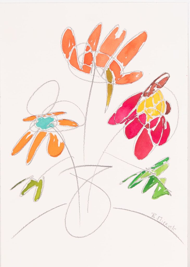 Flores alocadas. Acuarela y grafito sobre papel. 51 x 36 cm.