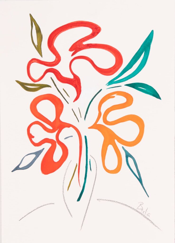 Flores disparadas núm. 1. Acuarela y grafito sobre papel. 51 x 36 cm.